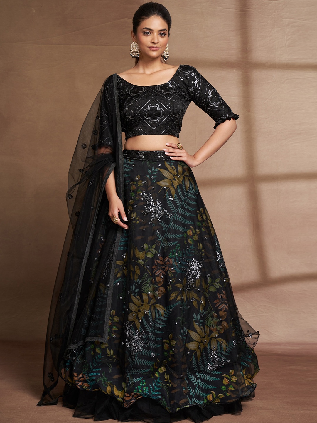 

ODETTE Embellished Thread Work Semi-Stitched Lehenga & Unstitched Blouse With Dupatta, Black