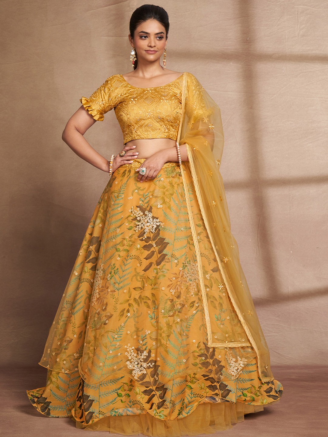 

ODETTE Embroidered Thread Work Semi-Stitched Lehenga & Unstitched Blouse With Dupatta, Mustard