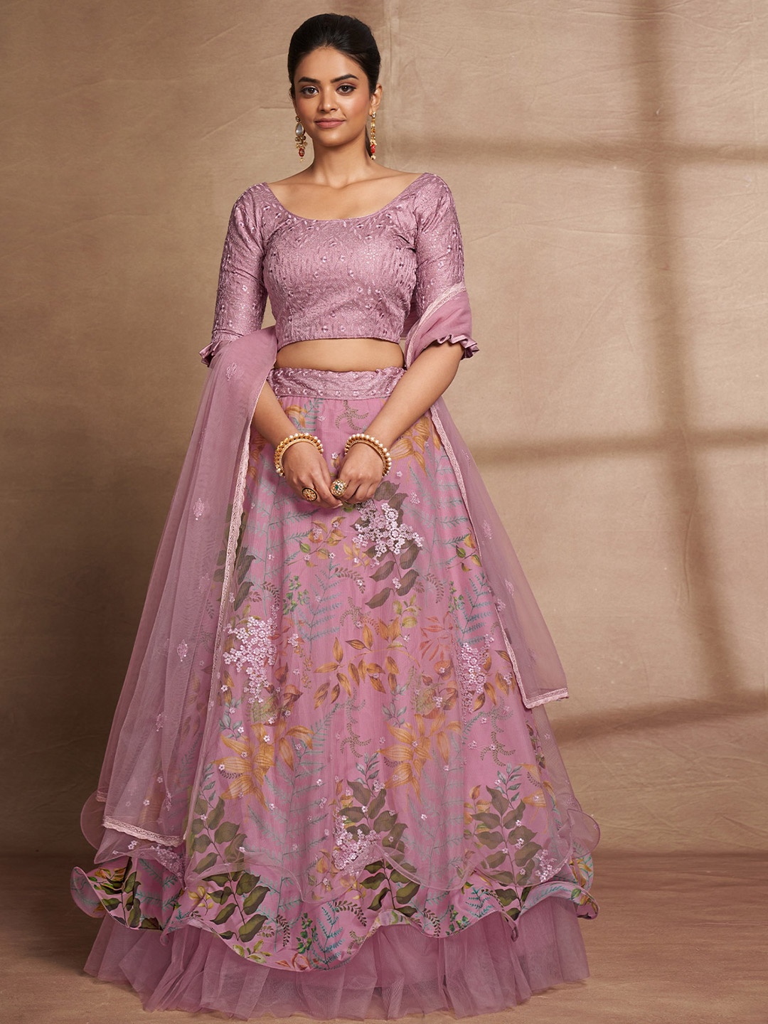 

ODETTE Embroidered Thread Work Semi-Stitched Lehenga & Unstitched Blouse With Dupatta, Purple