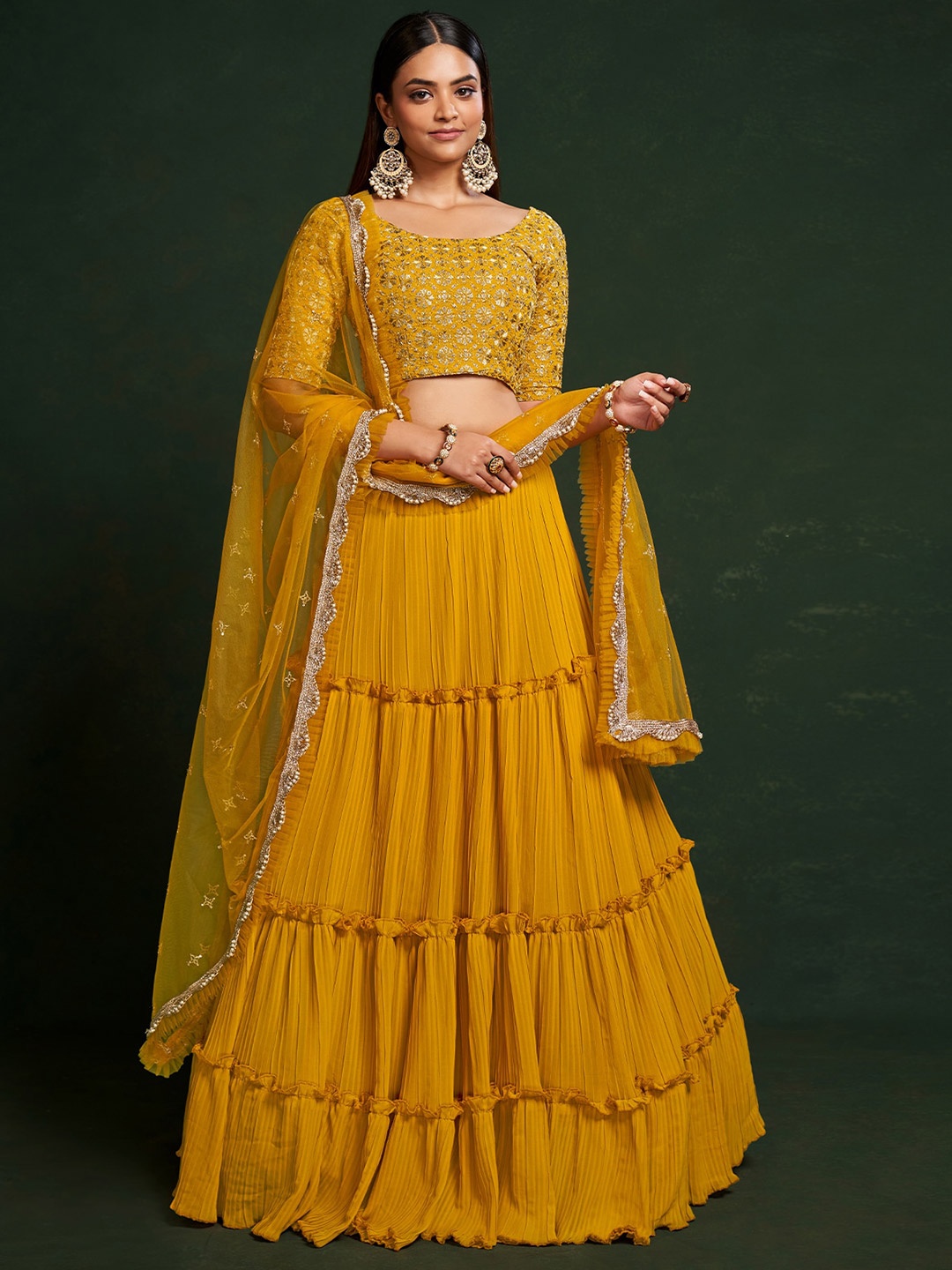 

ODETTE Embroidered Thread Work Semi-Stitched Lehenga & Unstitched Blouse With Dupatta, Mustard