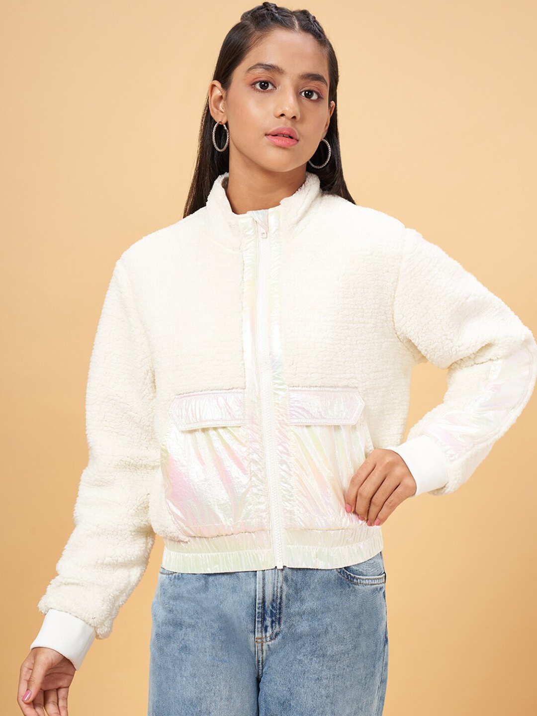 

Coolsters by Pantaloons Girls Stand Collar Long Sleeves Bomber Jacket, White