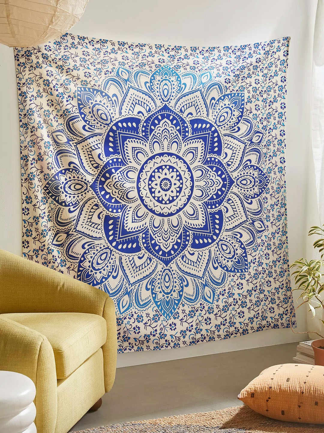 

SheetKart White & Blue Floral Mandala Design Printed Cotton Hanging Tapestry Wall Decor
