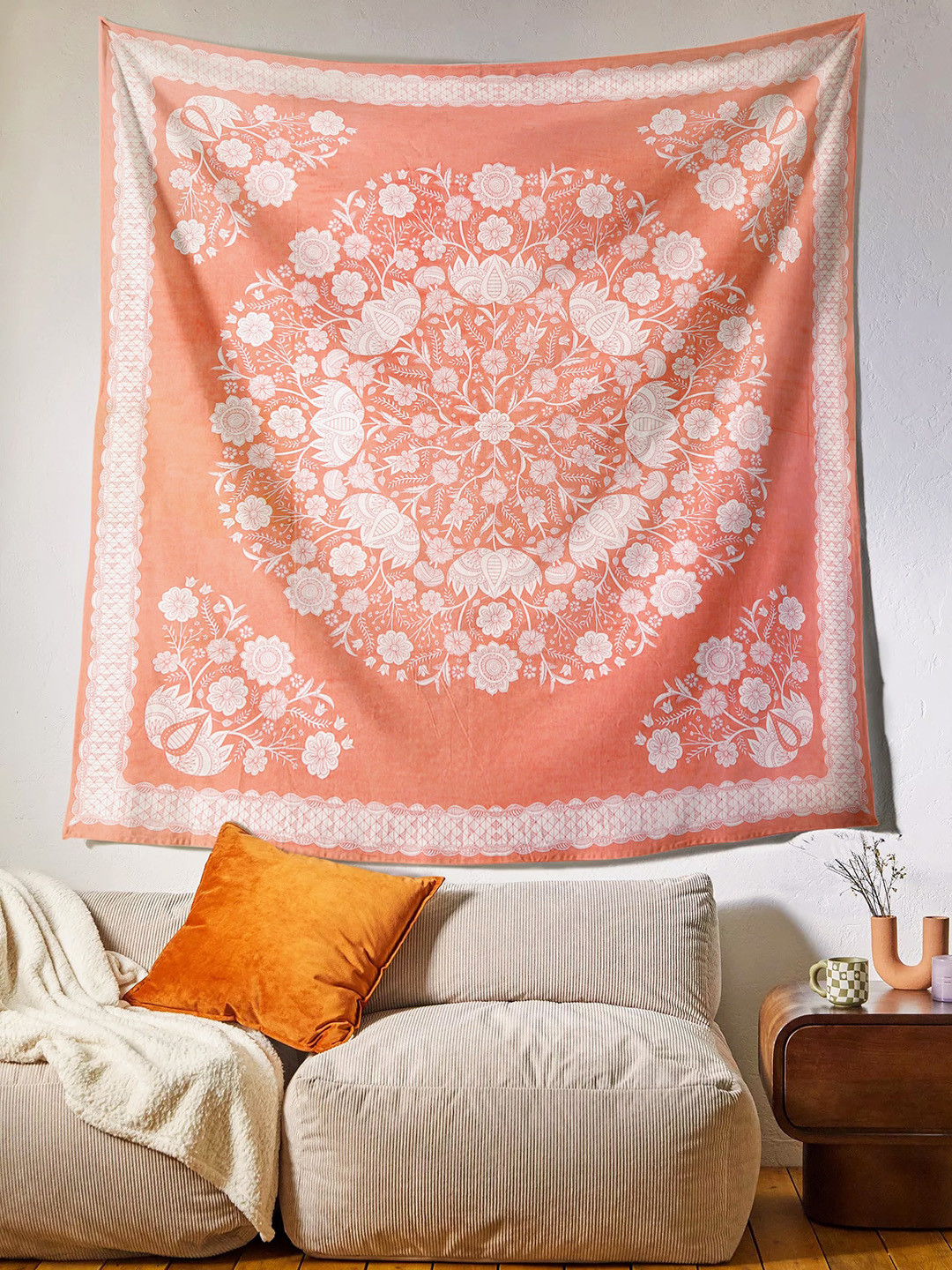 

SheetKart White & Pink Mandala Design Printed Cotton Hanging Tapestry Wall Decor