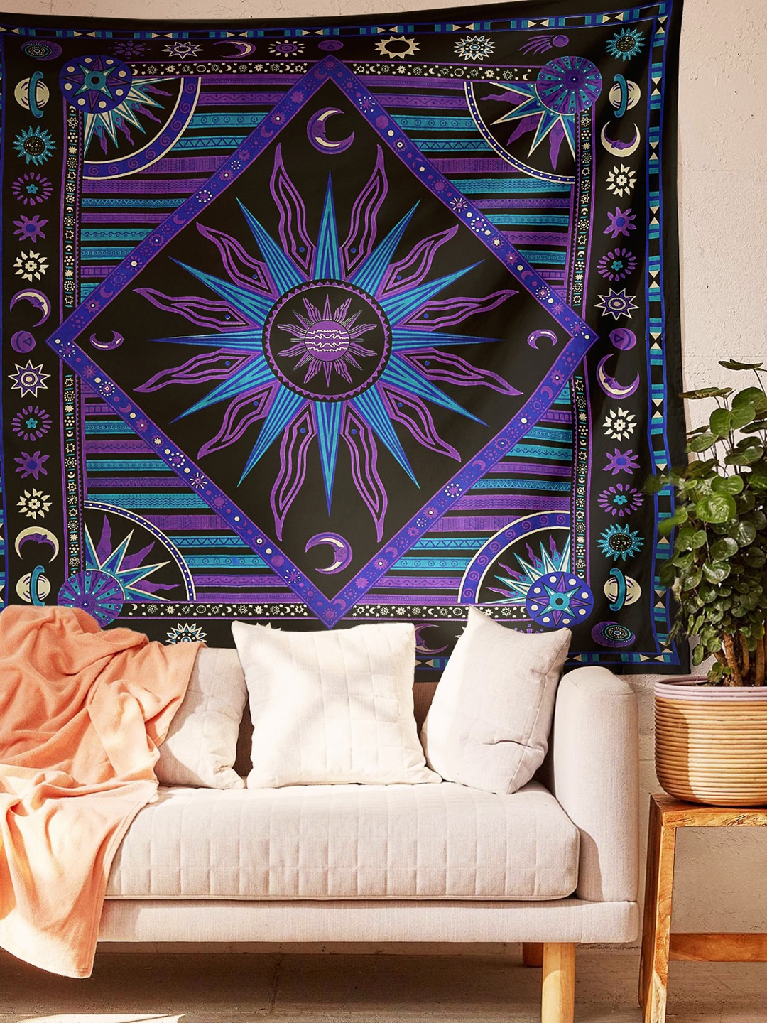 

SheetKart Black & Purple Sun Moon Style Cotton Printed Wall Hanging Tapestry, Blue