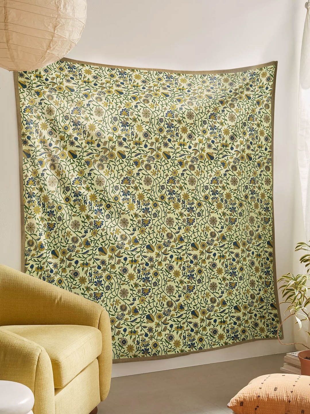 SheetKart Beige & Green Floral Printed Cotton Wall Hanging Tapestry