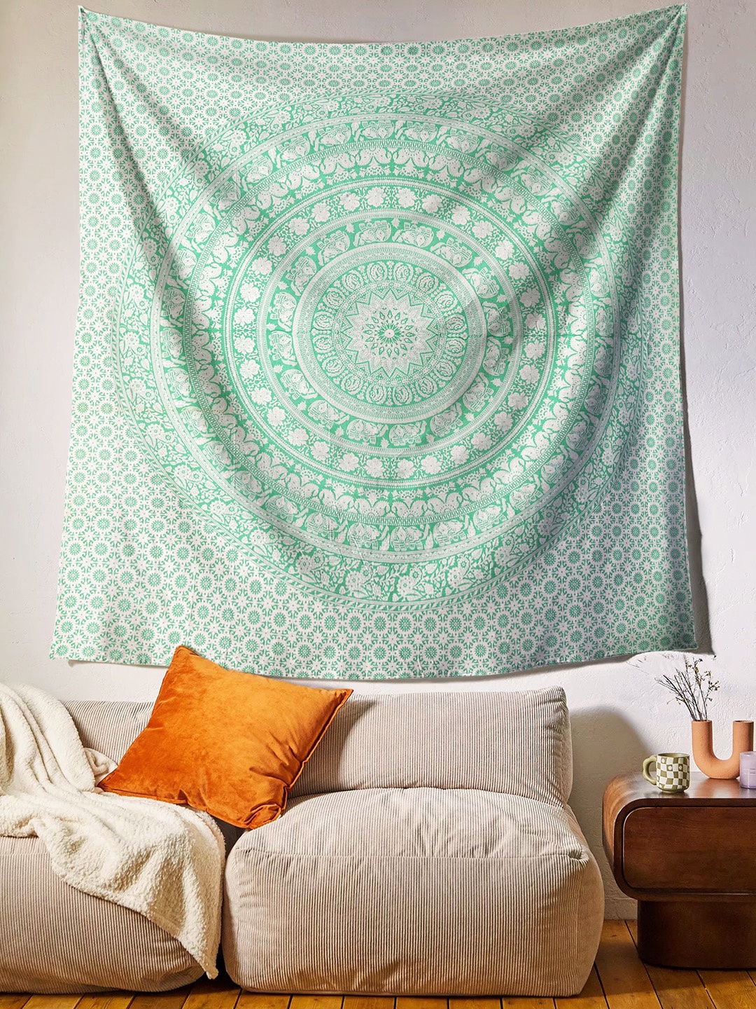 

SheetKart White & Sea Green Elephant Mandala Printed Cotton Hanging Tapestry Wall Decor