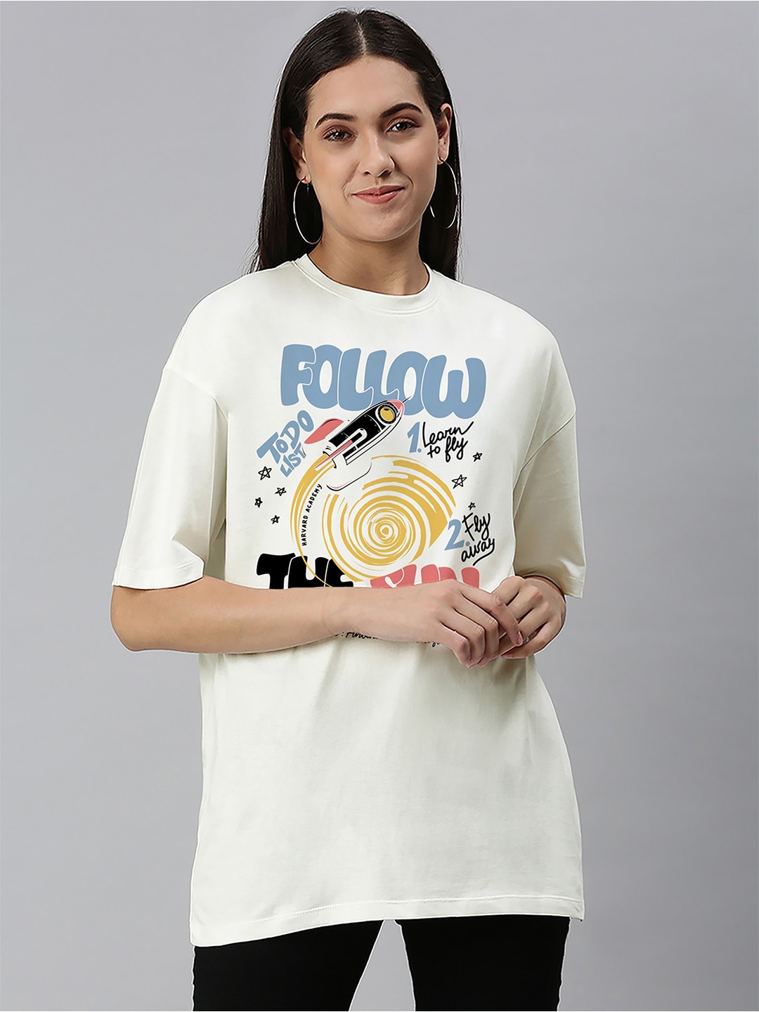 Harvard Off-White & Grey Graphic Printed Oversized Cotton T-shirt