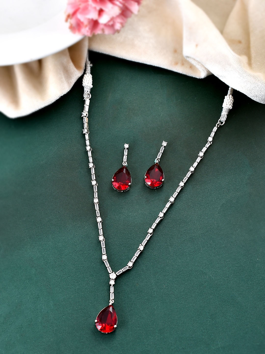 

Silvermerc Designs Silver Plated & AD Studded Jewellery Set, Red