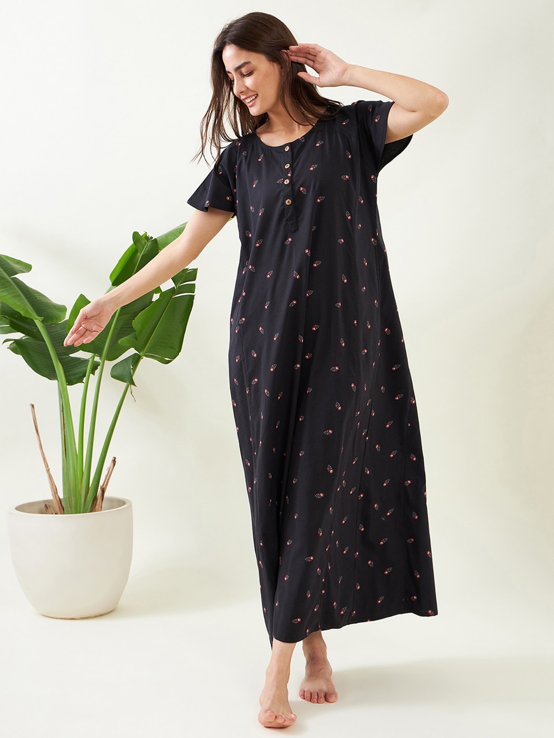 

The Kaftan Company Floral Printed Maxi Nightdress, Black