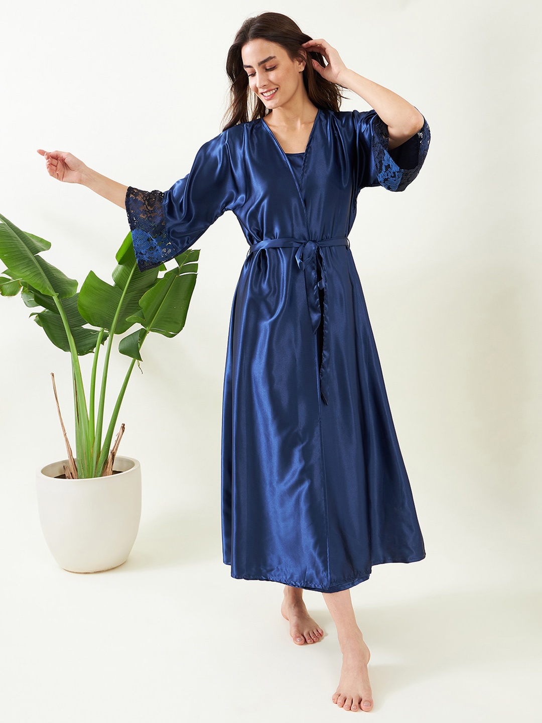 

The Kaftan Company V-Neck Tie Up Satin Maxi Nightdress, Blue