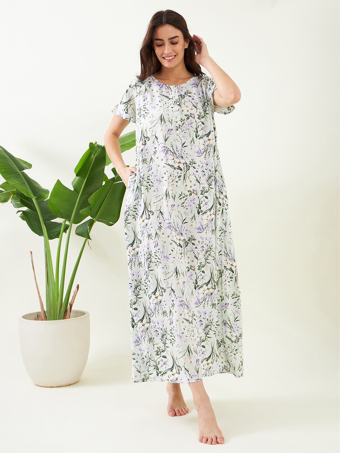 

The Kaftan Company Floral Printed Round Neck Maxi Nightdress, Green