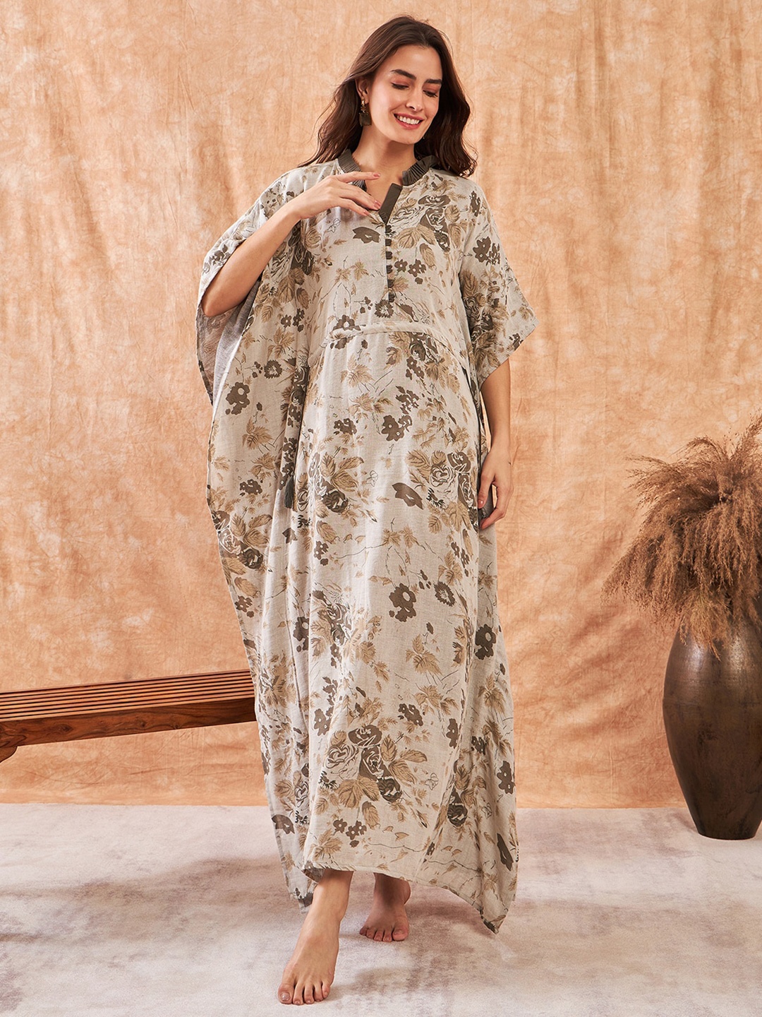 

The Kaftan Company Floral Printed Pure Cotton Kaftan Nightdress, Green