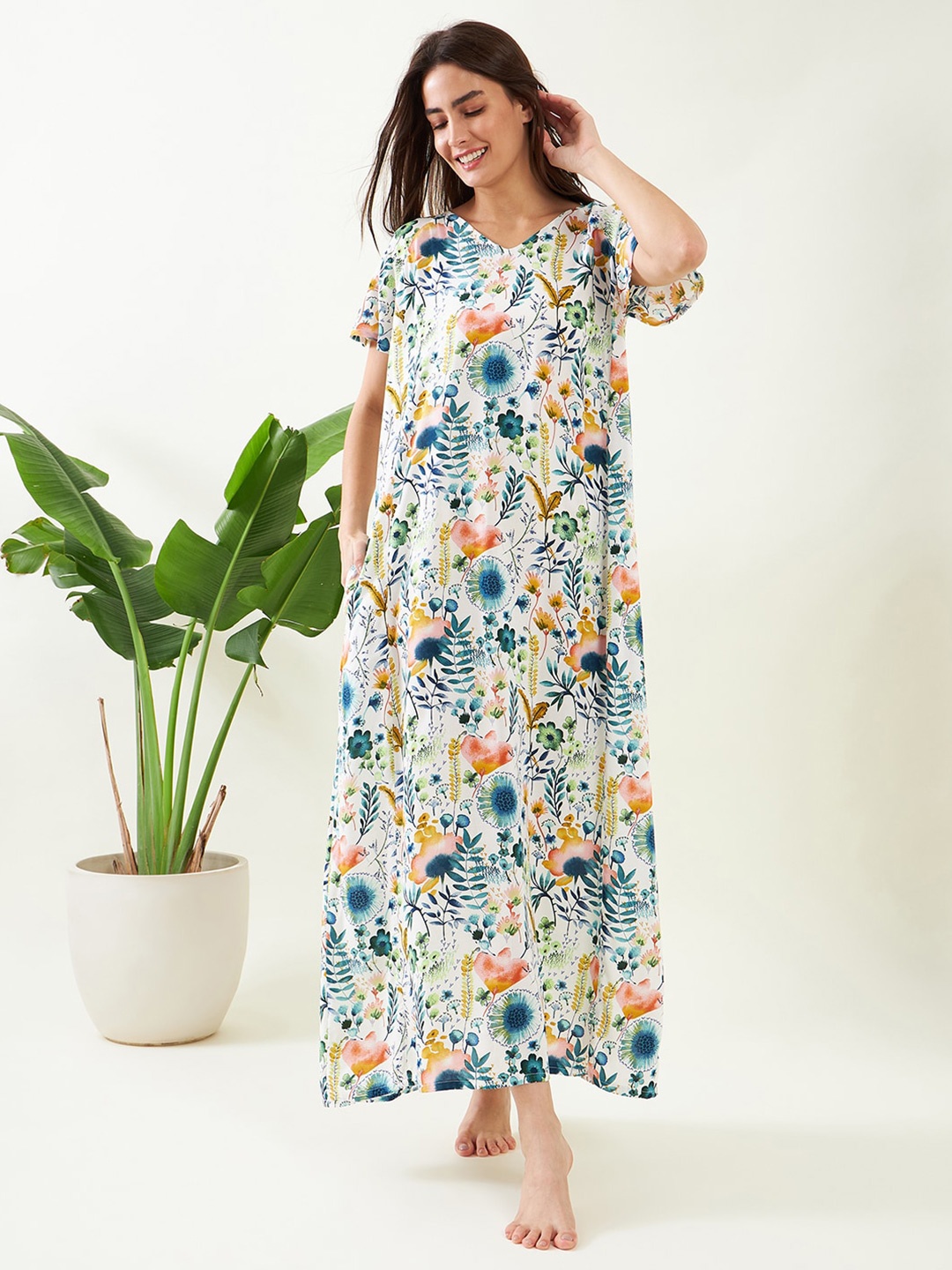 

The Kaftan Company Floral Printed Maxi Nightdress, White