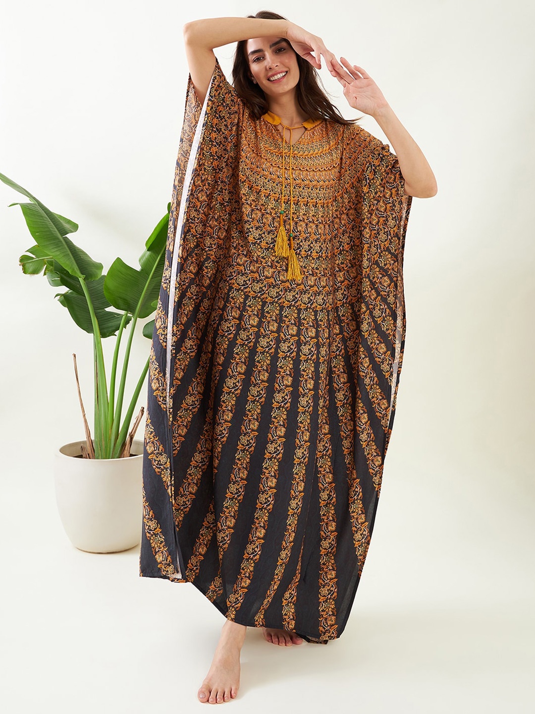 

The Kaftan Company Floral Printed Tie Up Neck Maxi Kaftan Nightdress, Black
