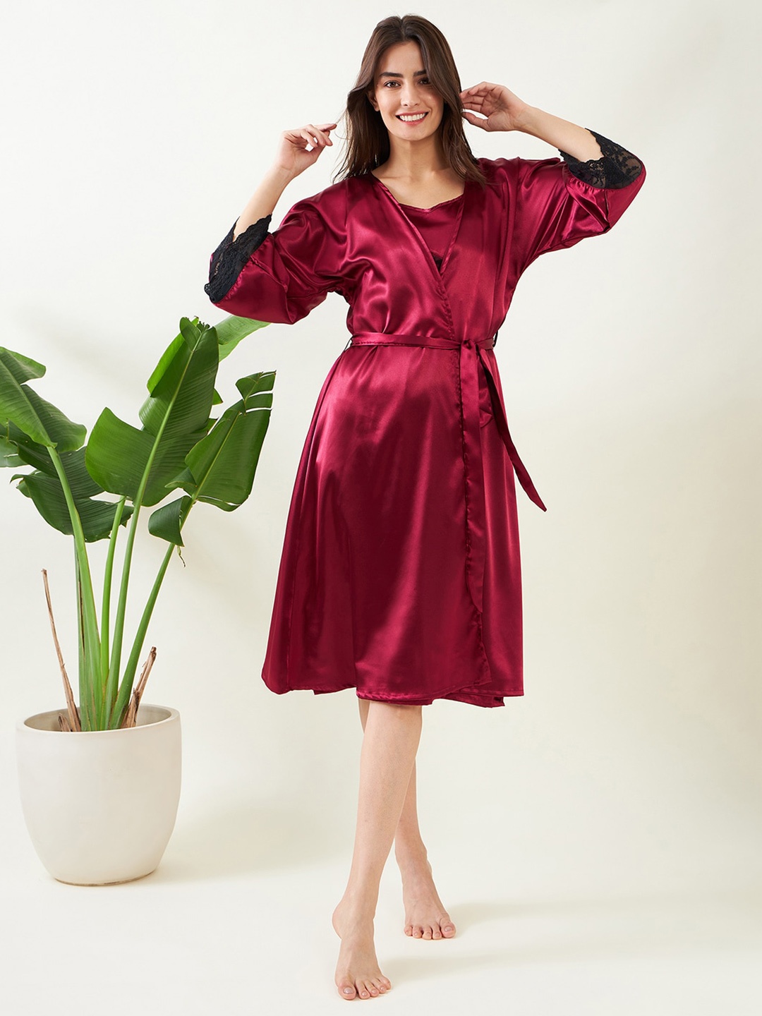 

The Kaftan Company Shoulder Straps Satin Nightdress With Robe, Maroon