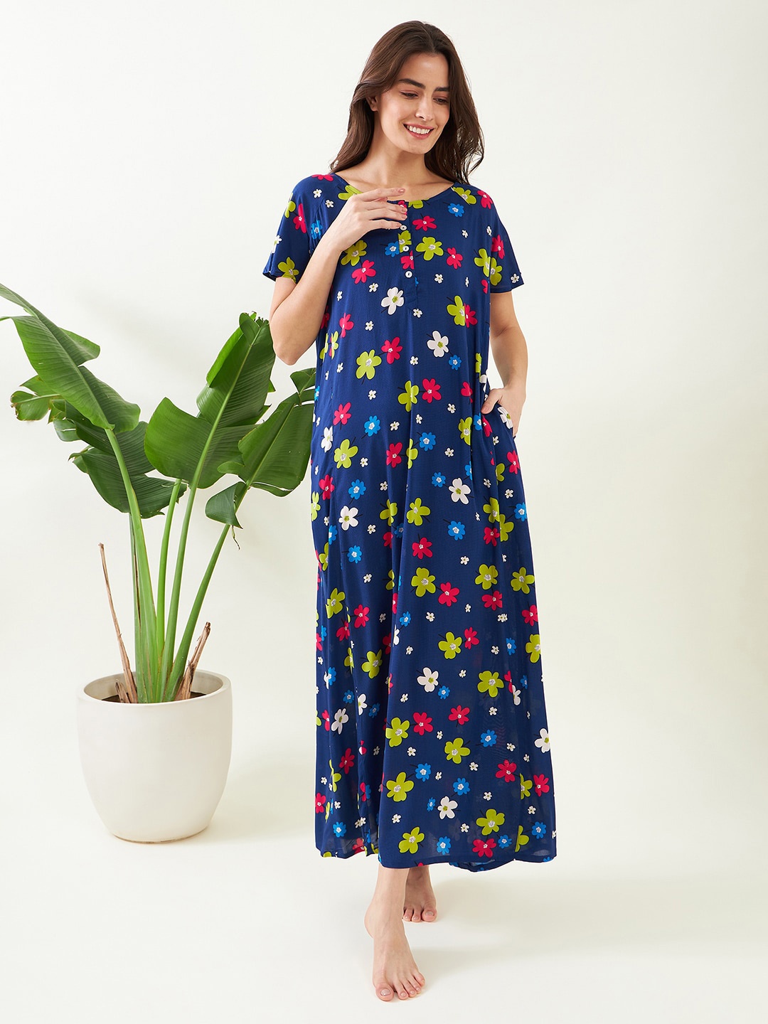 

The Kaftan Company Floral Printed Round Neck Maxi Nightdress, Blue