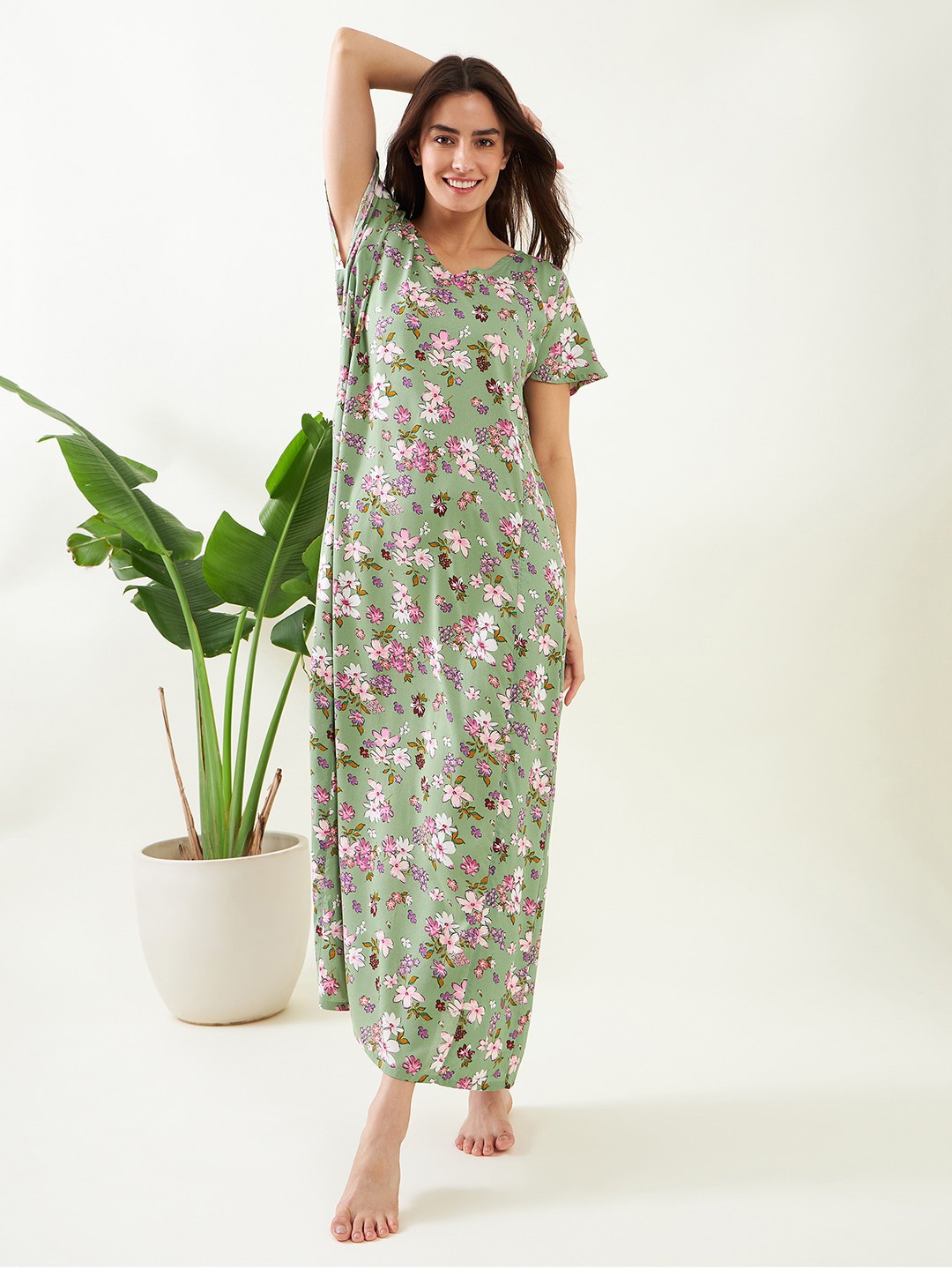 

The Kaftan Company Floral Printed Maxi Nightdress, Green