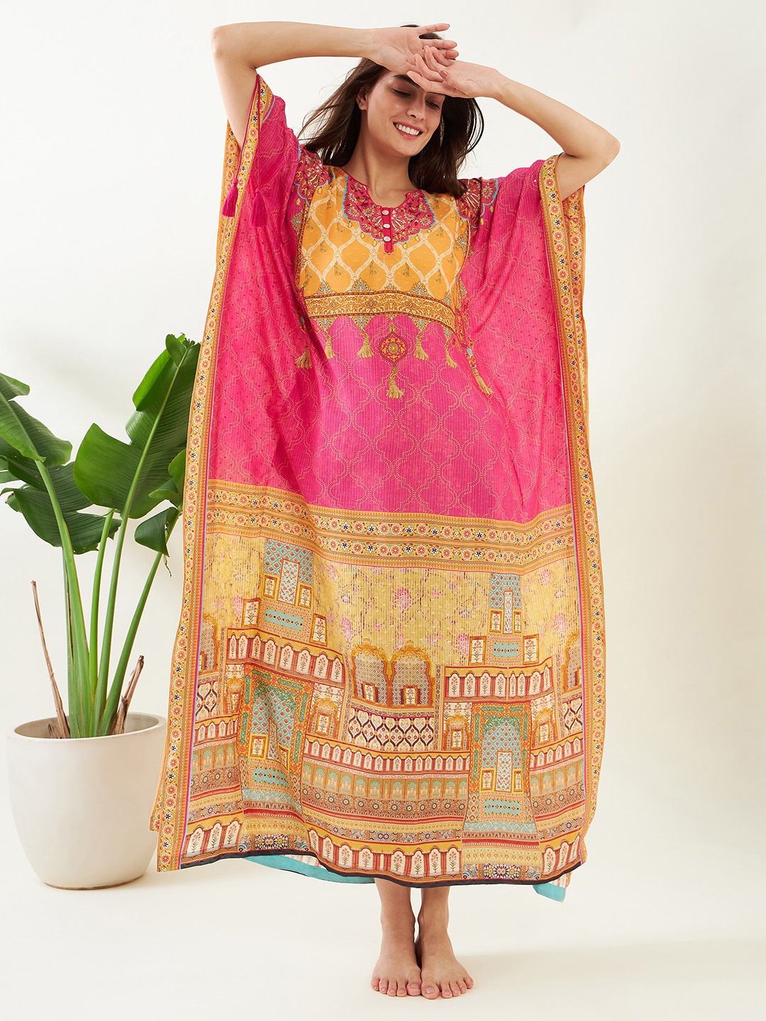 

The Kaftan Company Ethnic Motifs Printed Maxi Kaftan Nightdress, Pink