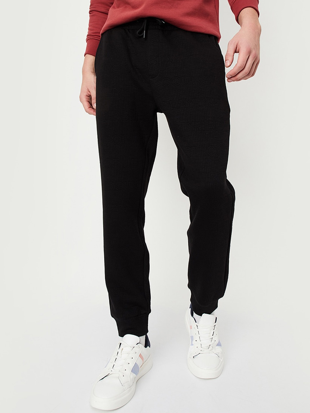 

max Men Stretchable Ribbed Joggers, Black