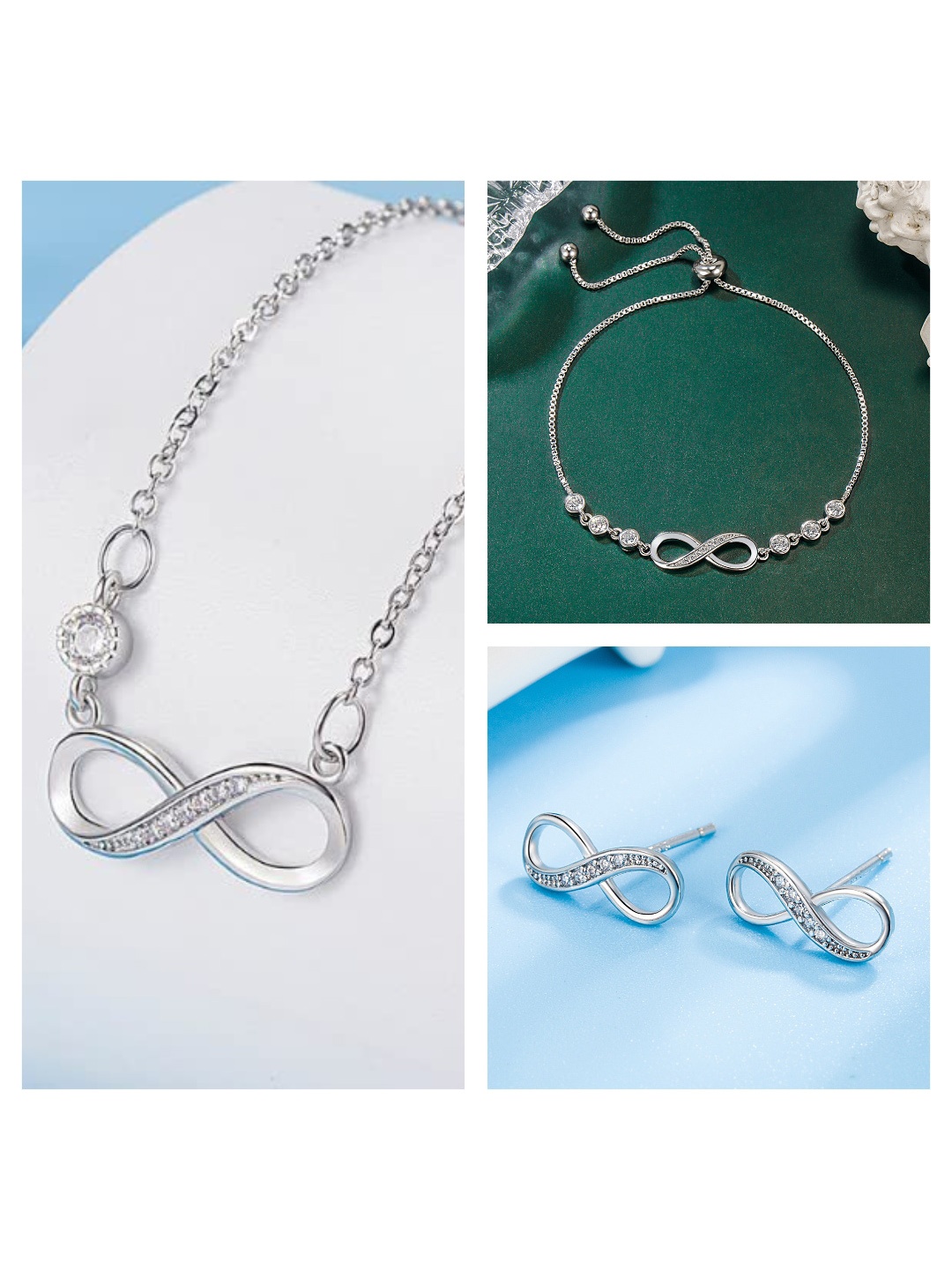 

MYKI Set Of 3 Silver Plated CZ Stone Studded Bracelet Pendent & Earrings Set