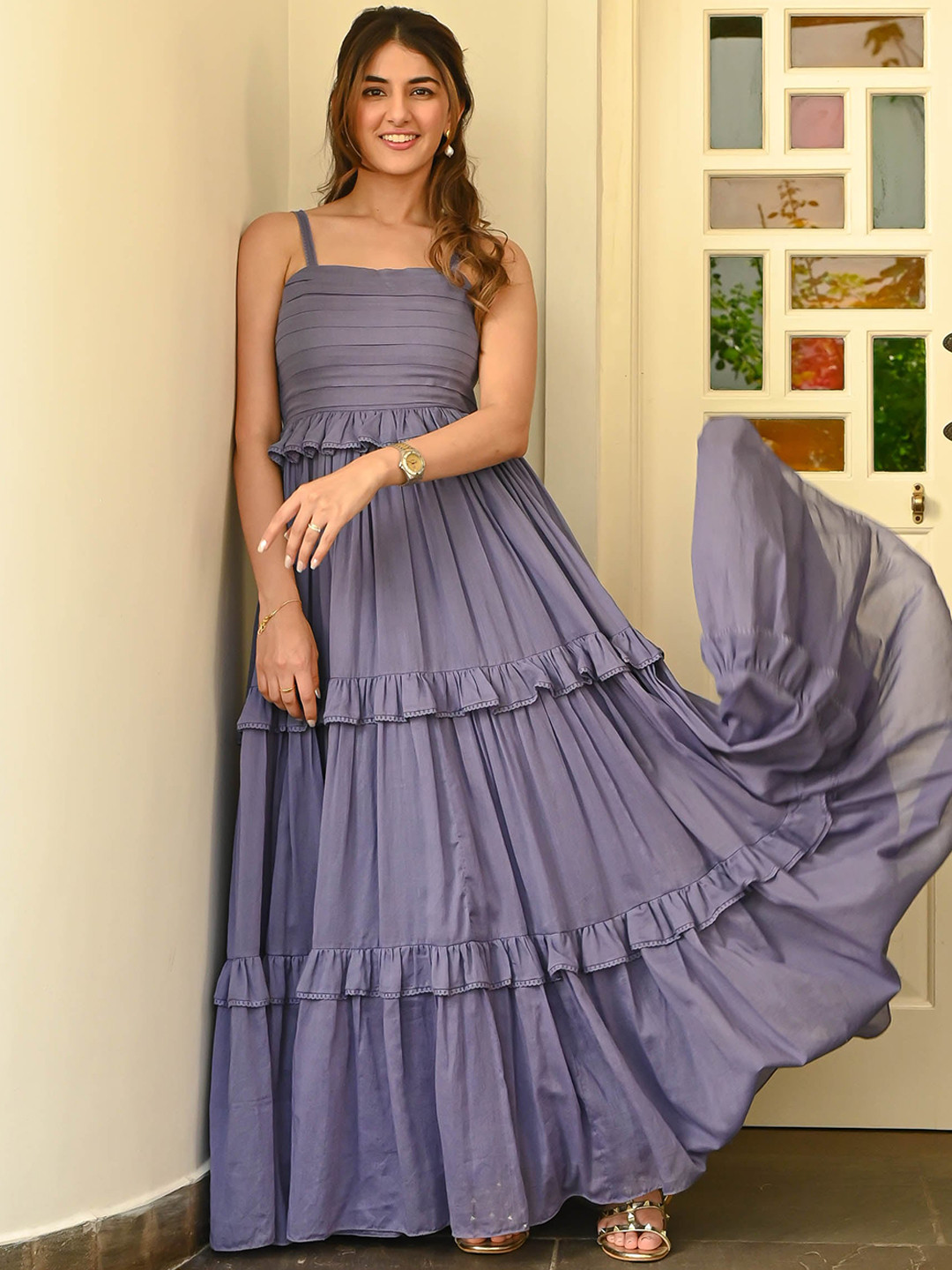 

Bunaai Shoulder Straps Ruffled Cotton Fit & Flared Maxi Dress, Purple