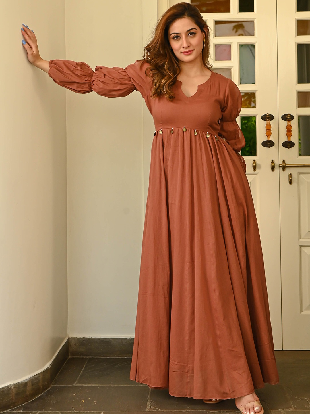 

Bunaai Puff Sleeves Cotton A Line Maxi Ethnic Dress, Brown