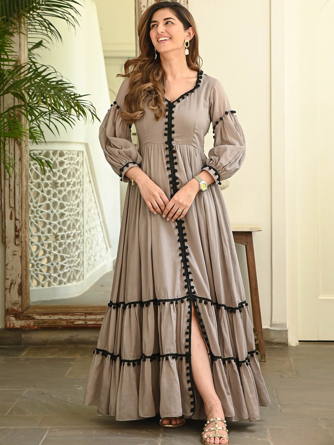 

Bunaai Sweetheart Neck Cotton Flared Ethnic Dress, Grey