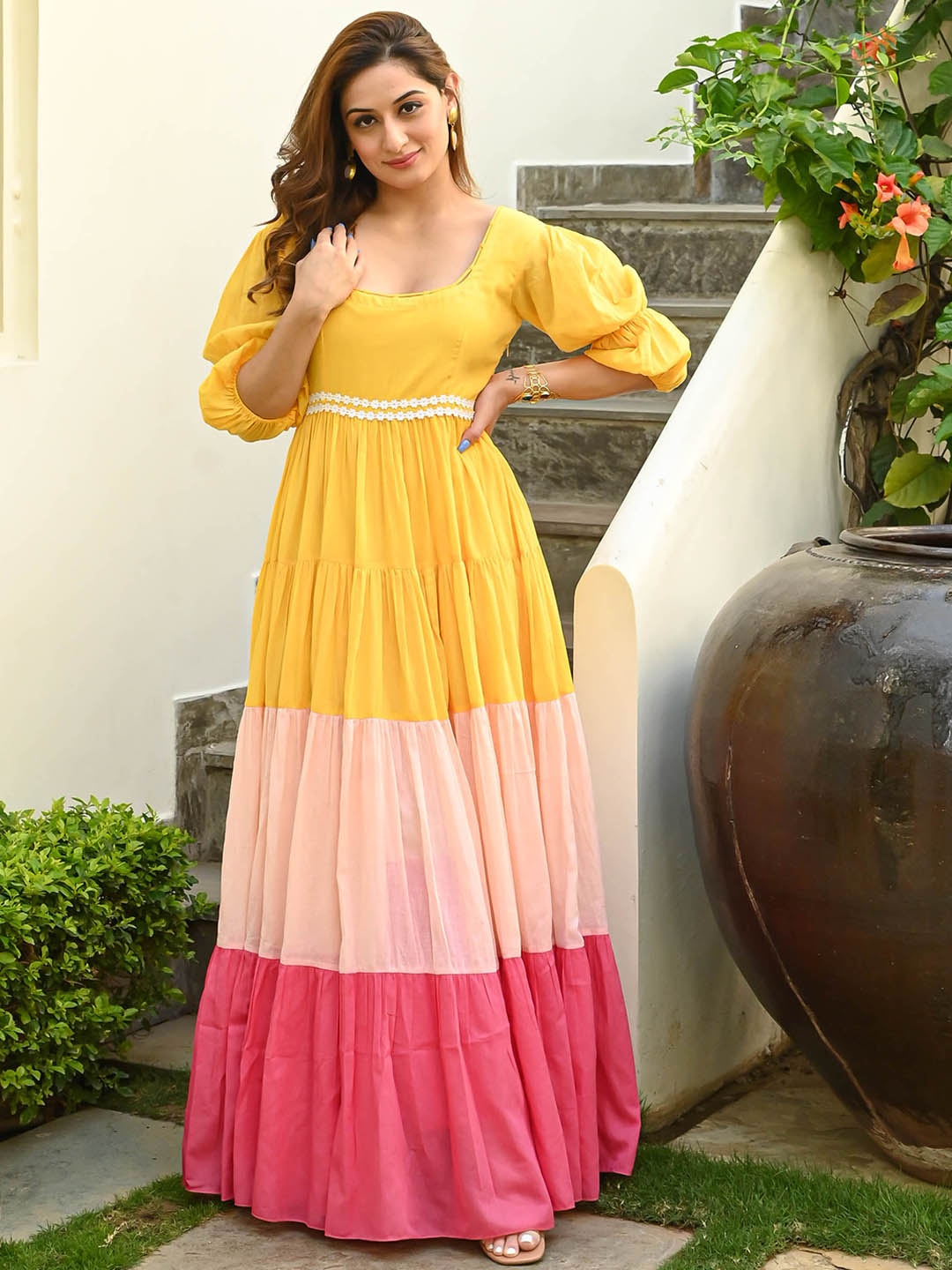 

Bunaai Colourblocked Cotton Tiered Fit & Flare Maxi Ethnic Dress, Yellow