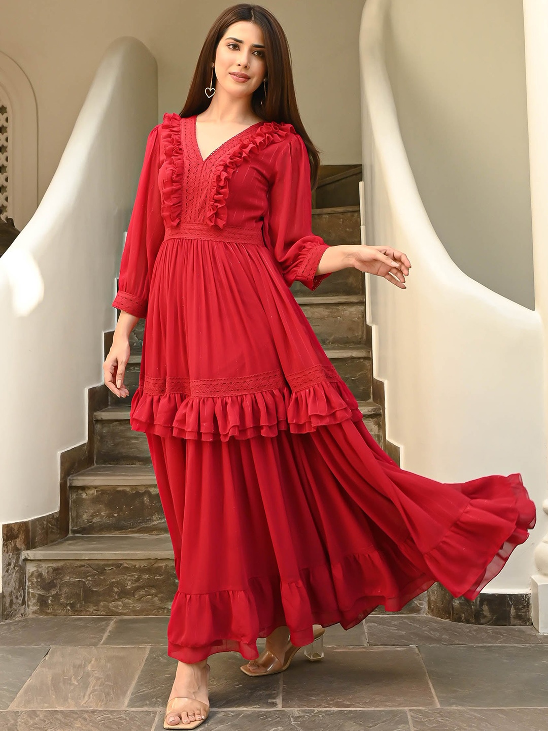 

Bunaai V-Neck Layered Ruffled Georgette Fit & Flare Dress, Red