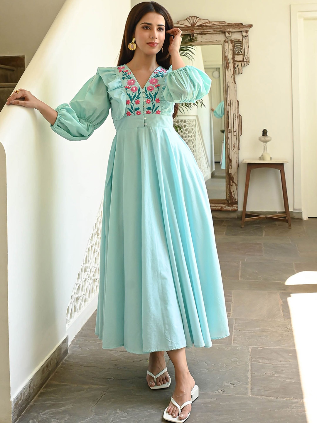 

Bunaai Embroidered Cotton Fit & Flare Ethnic Dress, Blue