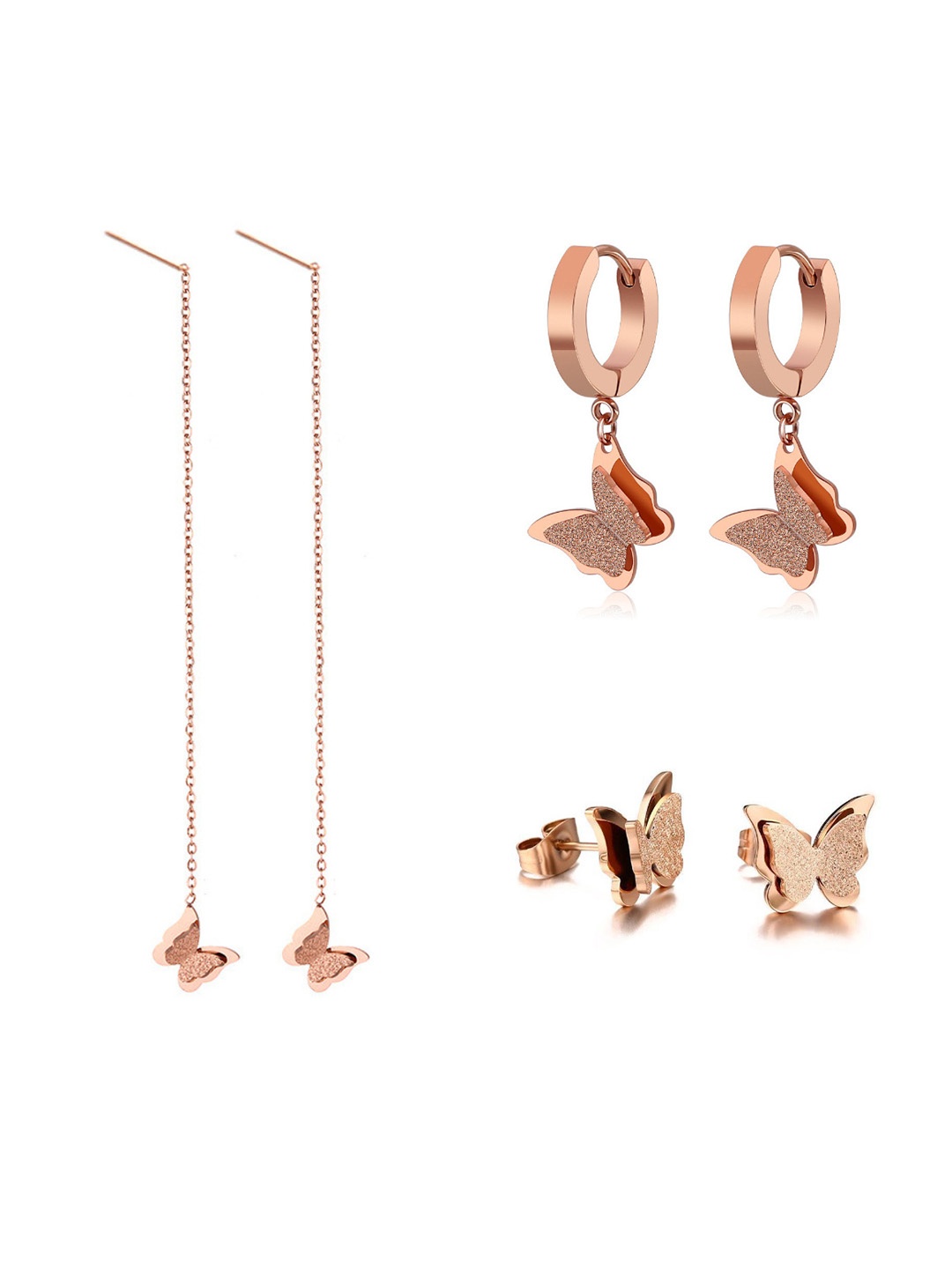 

MYKI Set Of 3 Stainless Steel Rose Gold-Plated Contemporary Drop Earrings