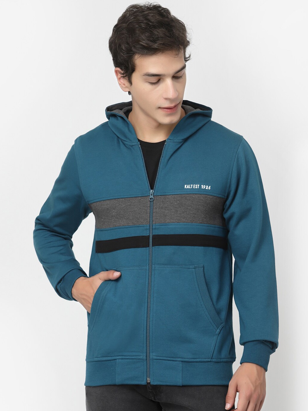 

Kalt Horizontal Striped Hooded Cotton Sweatshirt, Teal