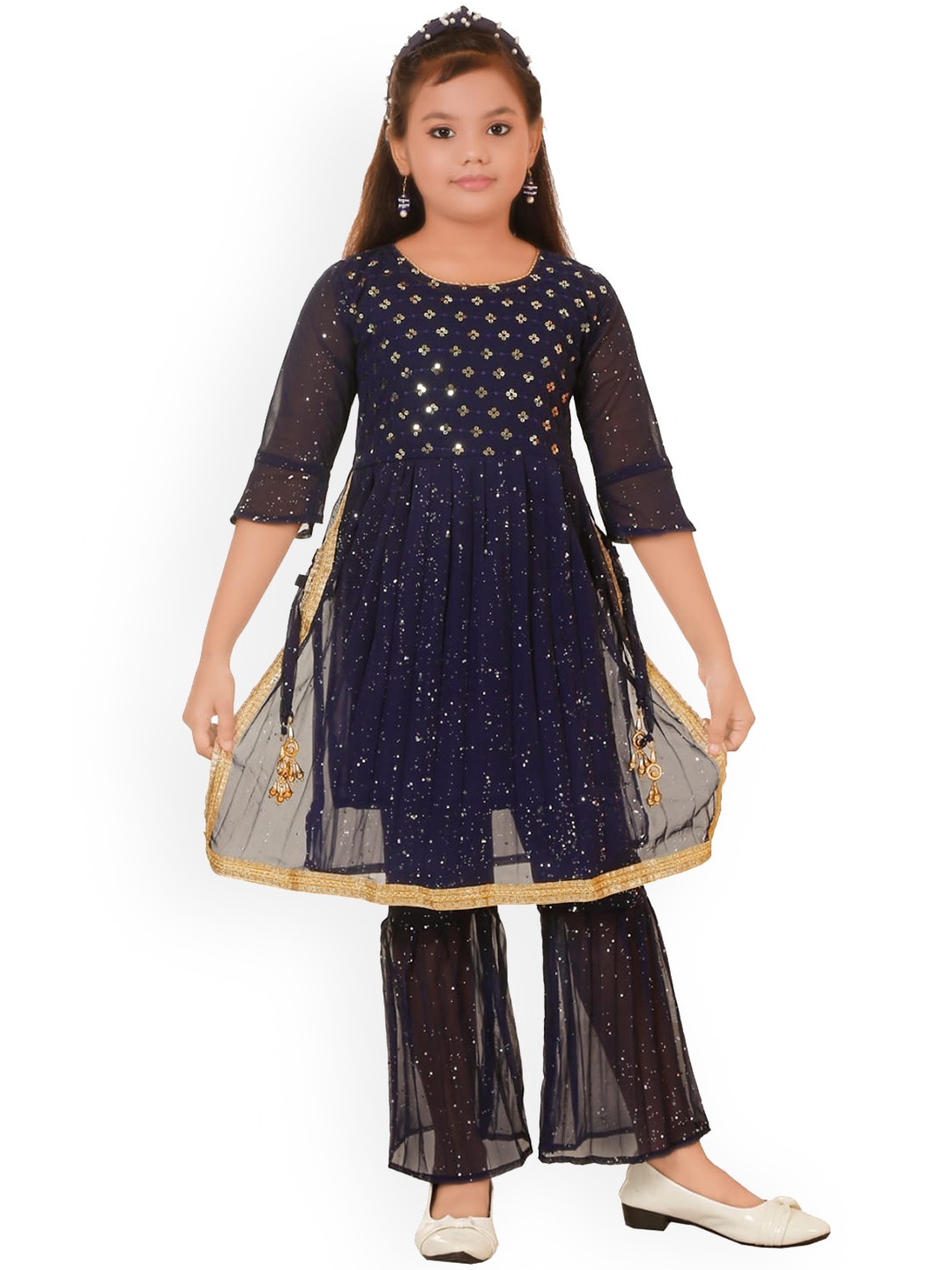 

BAESD Girls Floral Embroidered Sequinned Net A-Line Kurta with Sharara, Navy blue