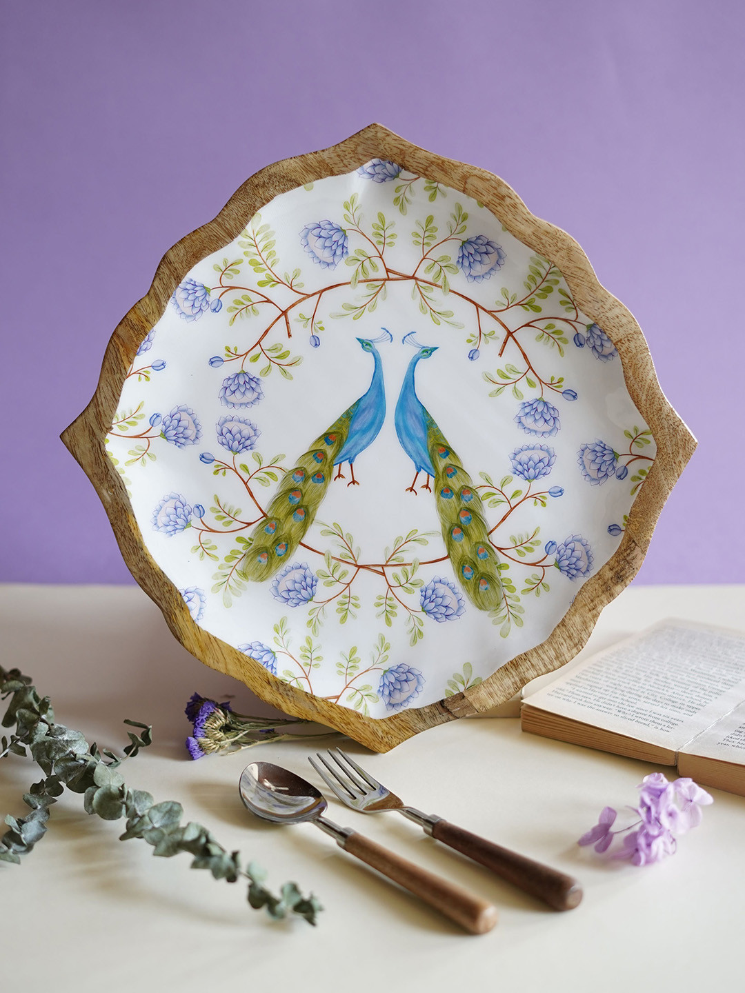 

TWIG STORY Saavan White & Purple Mor Baagh Enameled Food Platter