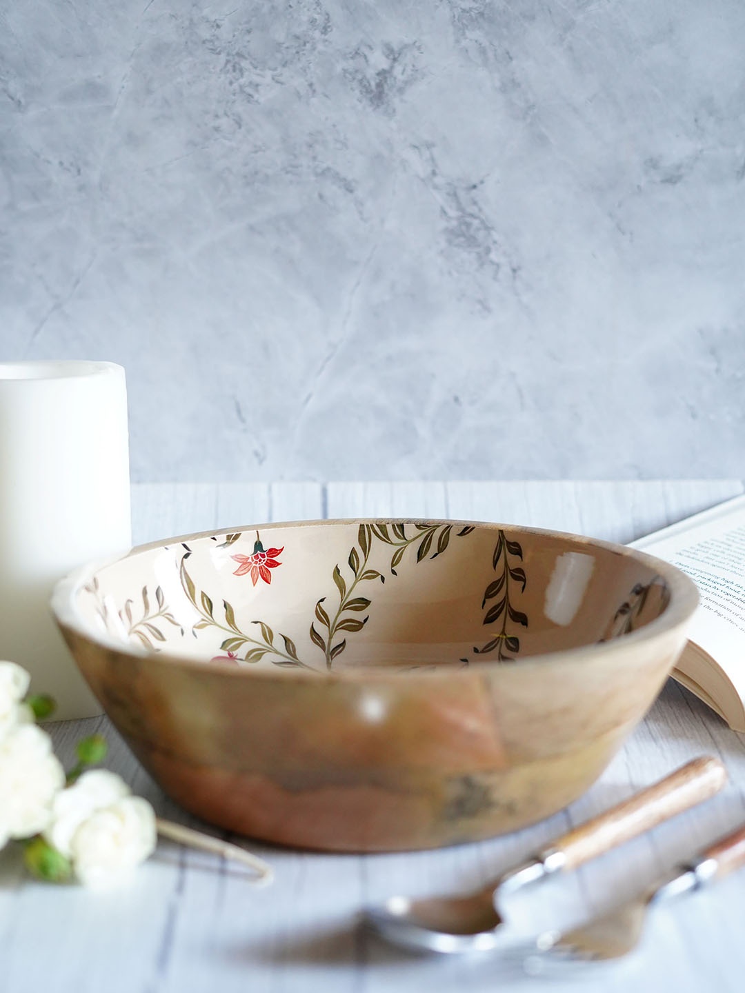 

TWIG STORY Floral Valley Maroon Bird Cross Jaal Printed Wood Serving Bowl