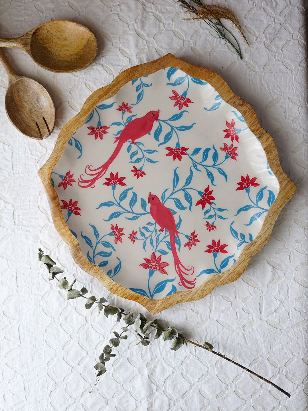 

TWIG STORY Floral Valley Pink Bird Jaal Printed Wooden Big Platter