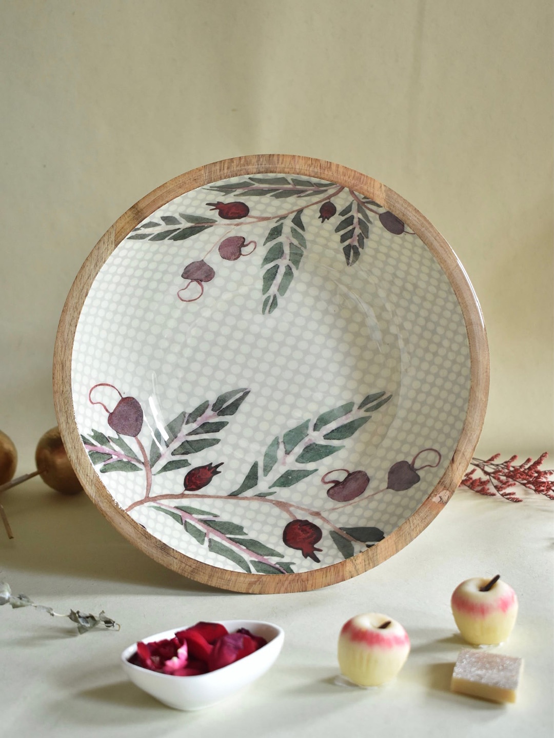 

TWIG STORY White & Green Printed Wood Cashew Serving Bowl