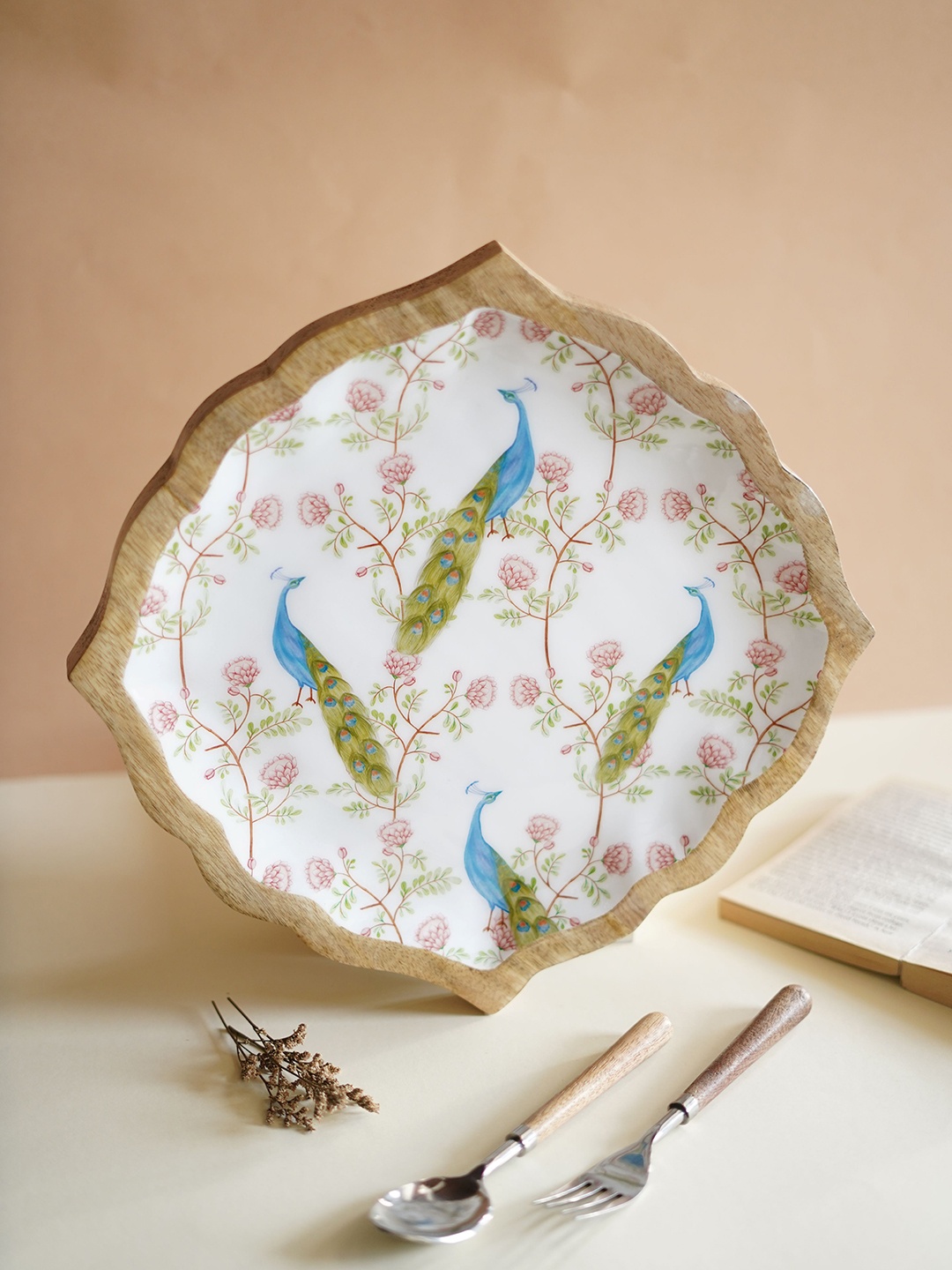 

TWIG STORY Saavan Peach-Colored & White Mor Baagh Printed Wooden Big Platter