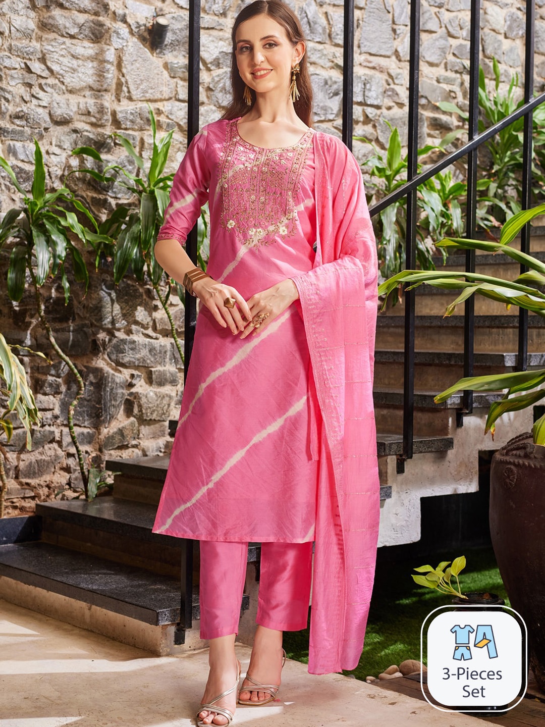 

Berrylicious Leheriya Printed Sequinned Chanderi Cotton Straight Kurta Set, Pink