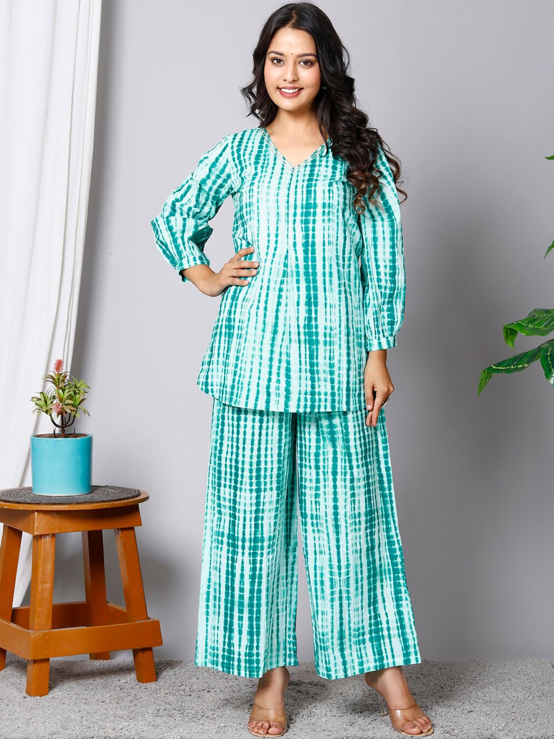 

HERE&NOW Abstract Printed Pure Cotton Tunic With Palazzos, Green