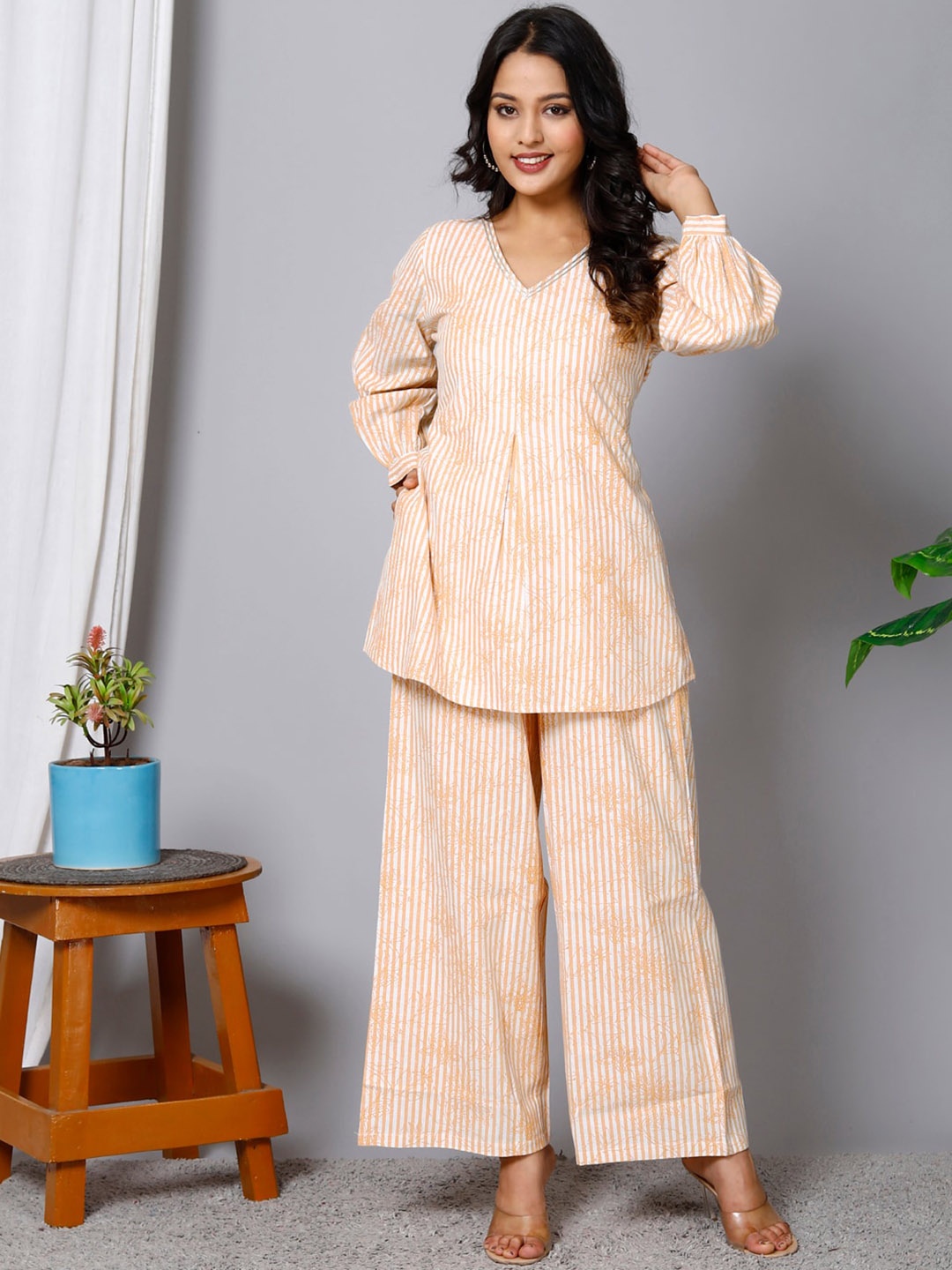 

HERE&NOW Striped Pure Cotton Tunic With Palazzos, Yellow