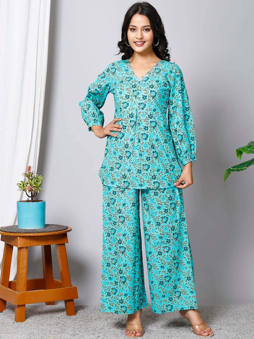 

HERE&NOW Floral Printed Pure Cotton Tunic With Palazzos, Green