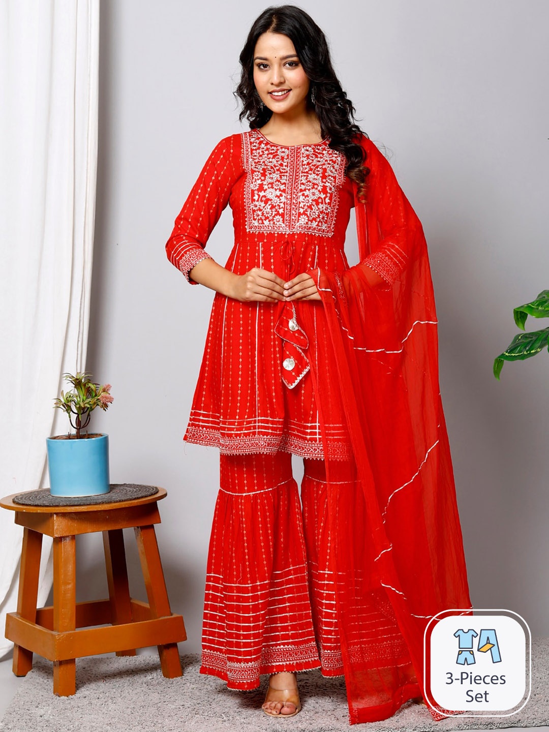 

HERE&NOW Floral Embroidered A-Line Kurta With Sharara & Dupatta, Red