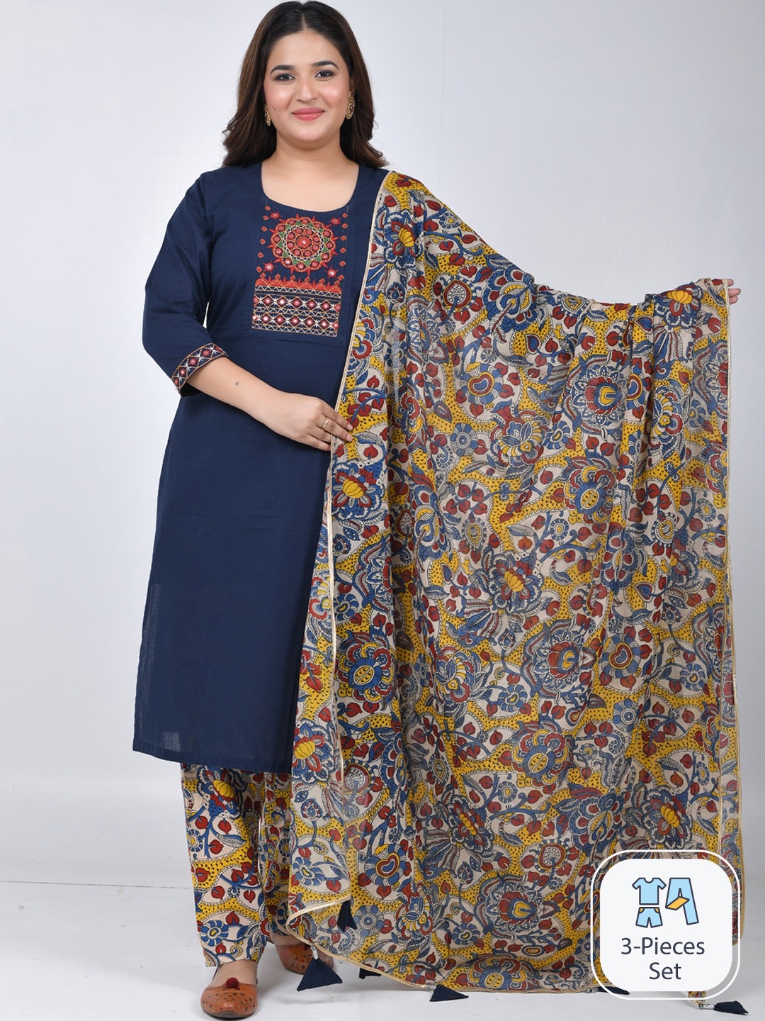 

Jaipuriya Fab Private Limited Floral Embroidered Pure Cotton Kurta With Pyjamas & Dupatta, Navy blue