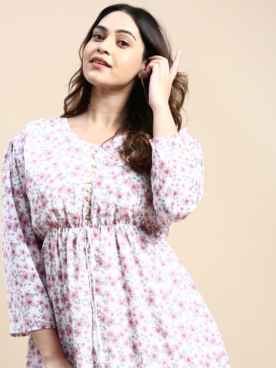 SHOWOFF Plus Floral Print Puff Sleeve Georgette Fit & Flare Knee Length Dress, White
