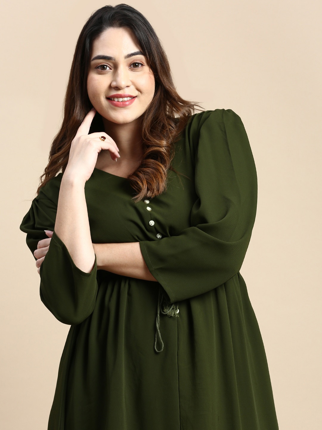 

SHOWOFF Plus Plus Size Tie-Up Neck Puff Sleeve Georgette Fit & Flare Dress, Olive