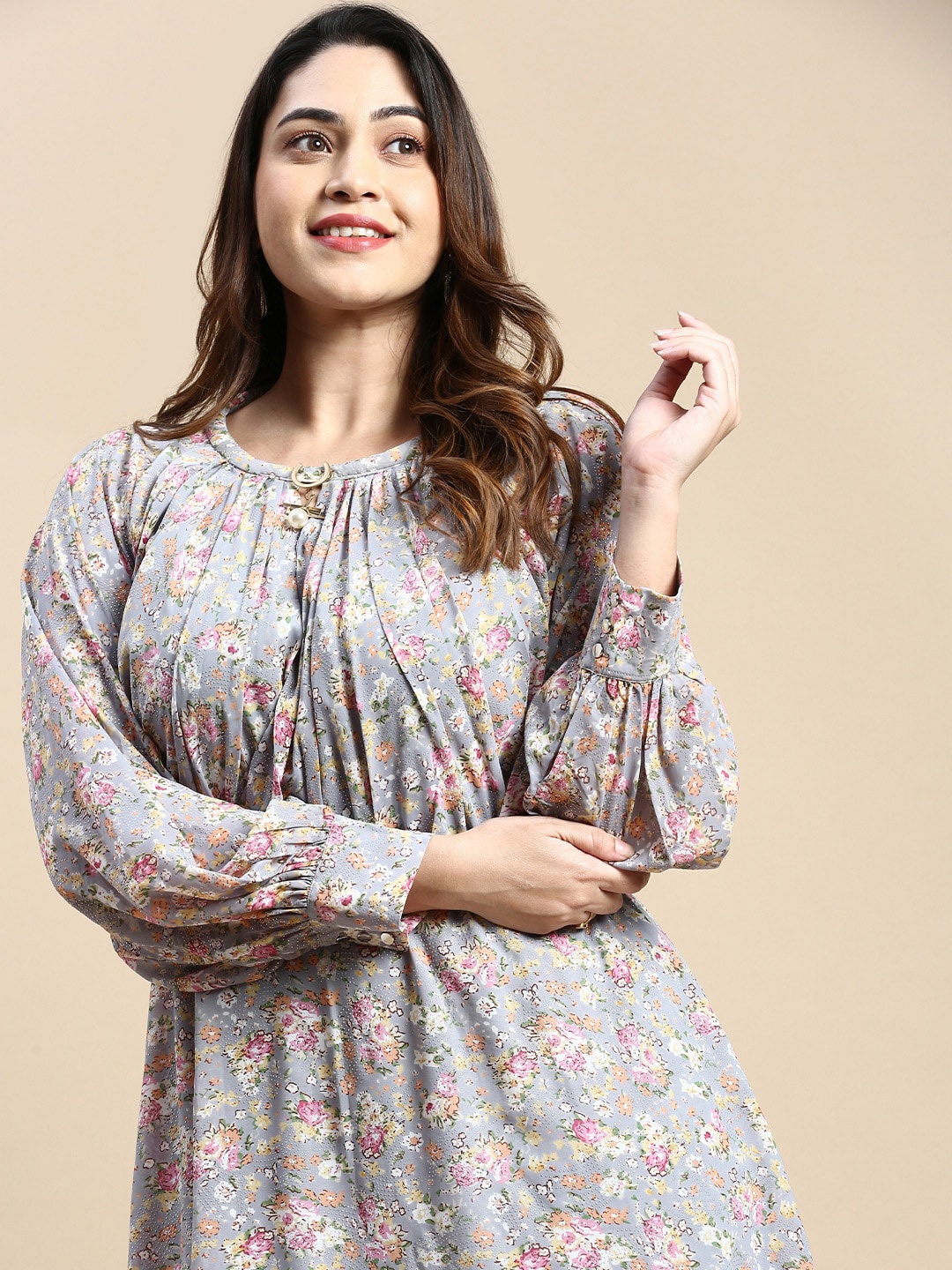 

SHOWOFF Plus Plus Size Floral Printed Keyhole Neck Puff Sleeve Georgette Empire Dress, Grey