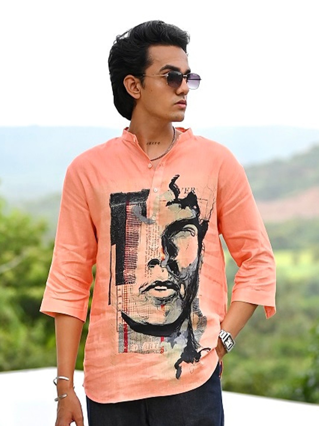 

ADDY'S for men Comfort Graphic Printed Band Collar Casual Shirt, Peach