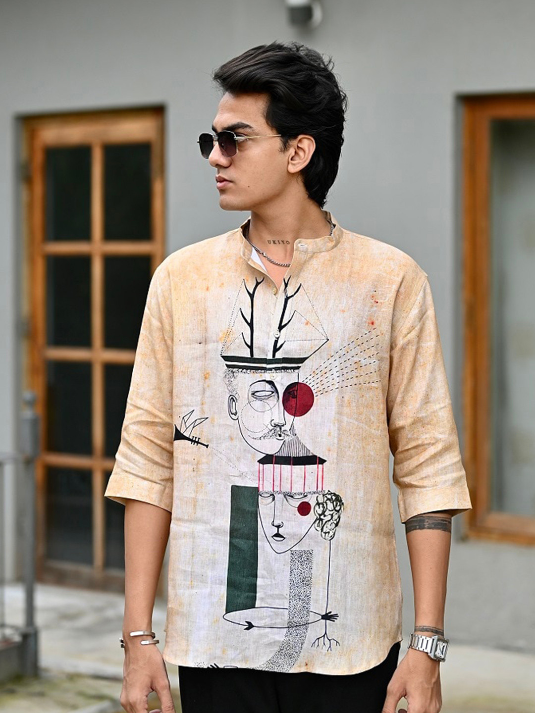 

ADDY'S for men Comfort Regular Fit Conversational Printed Semi Sheer Linen Casual Shirt, Beige