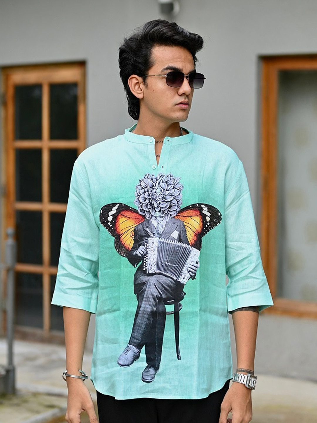 

ADDY'S for men Comfort Graphic Printed Band Collar Regular Fit Linen Casual Shirt, Sea green